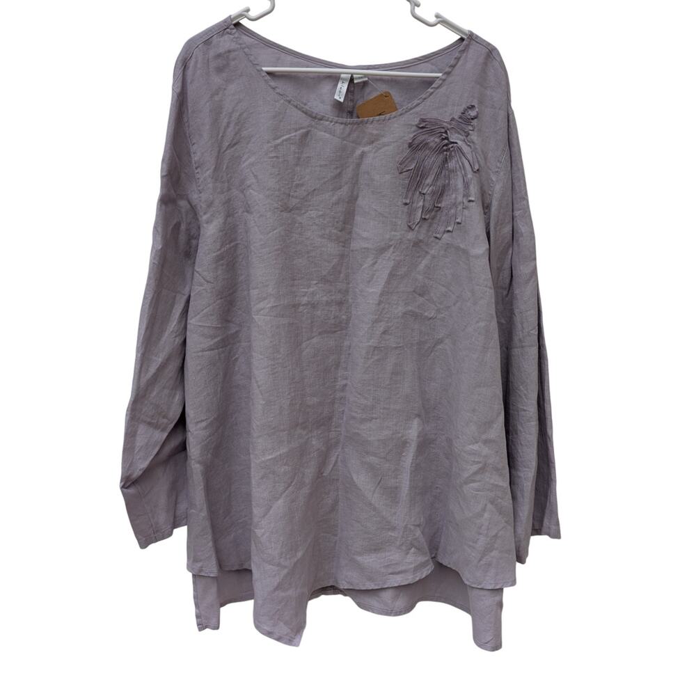 NWT Kleen 100% Linen Asymmetric Long Sleeve Grey/Lavender Blouse Women's Sz 1x